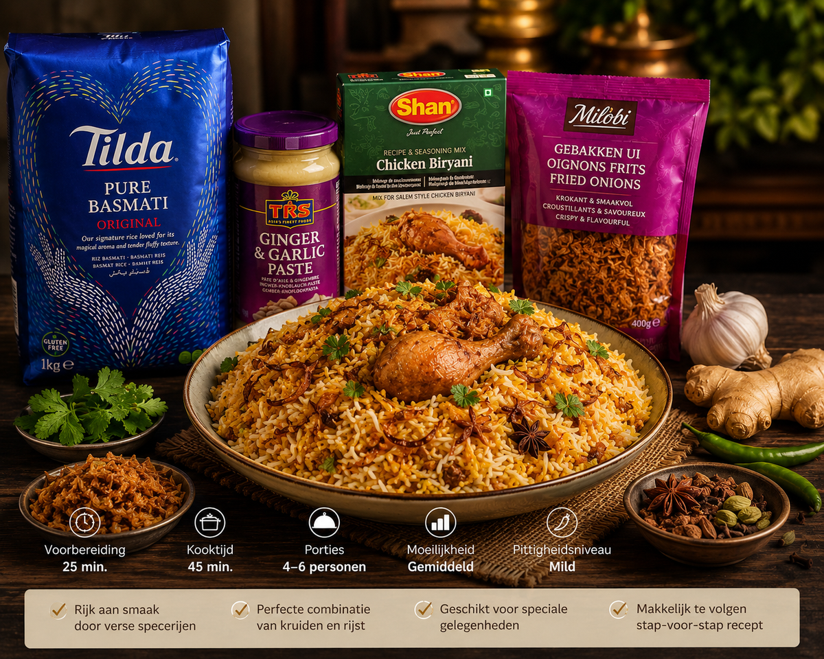 Authentieke Chicken Biryani met basmatirijst, kip, kruiden en gebakken uitjes