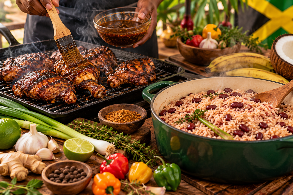 Bereiding van Jamaicaanse jerk chicken met rice & peas, jerk marinade, kruiden en groenten