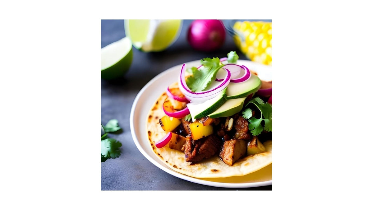 Taco al Pastor met gemarineerd varkensvlees, ananas, ui en koriander