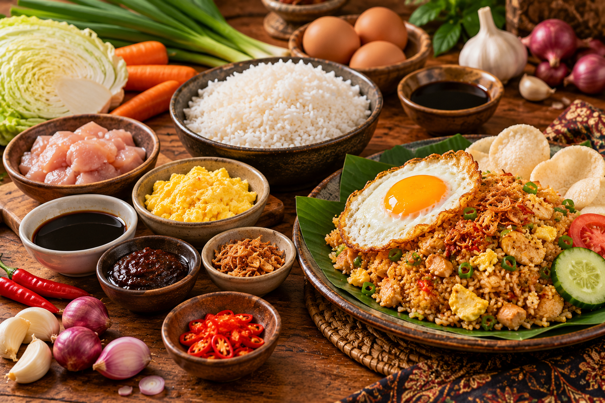 Authentieke Indonesische nasi goreng met ei, kip, groenten, sambal en kroepoek