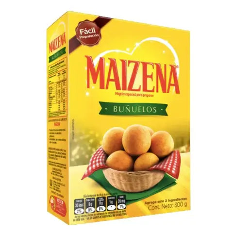 Maizena Buñuelos 300g packaging featuring traditional Colombian snack mix for preparing airy buñuelos.