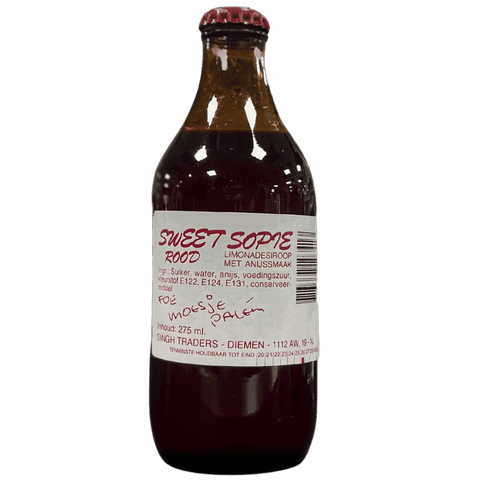 Surinaamse anijssiroop Sweet Sopie rood fles